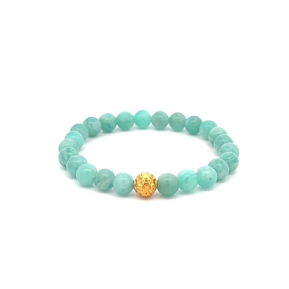 18K Gold Coin Ball Lucky Charm Bracelet Gemstones Amazonite Peru 6mm - Picture 1 of 5